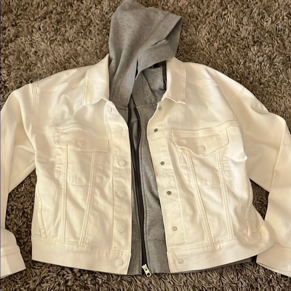 New Athleta womens White Jean Jacket with gray insert hoodie sz L Large